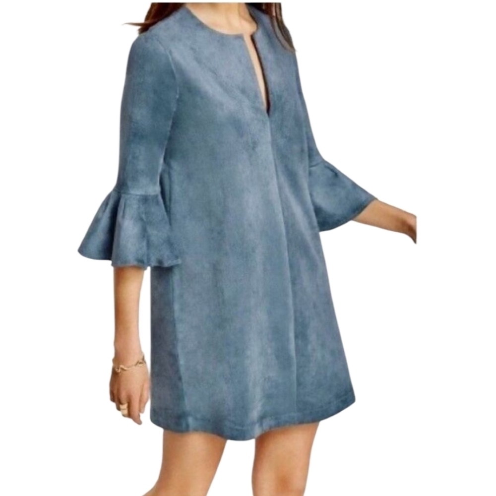 BCBGMAXARIA Catier Faux Suede Dusty Blue Mini Dress With Bell Sleeves XS Boho - Picture 2 of 13